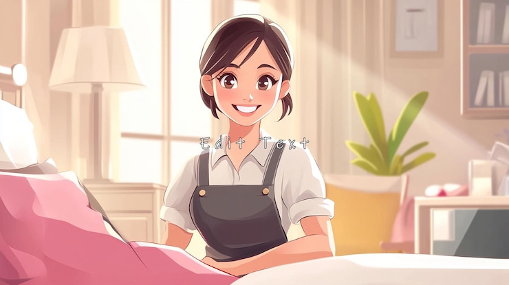PSD mujer feliz haciendo la cama en el dormitorio soleado
