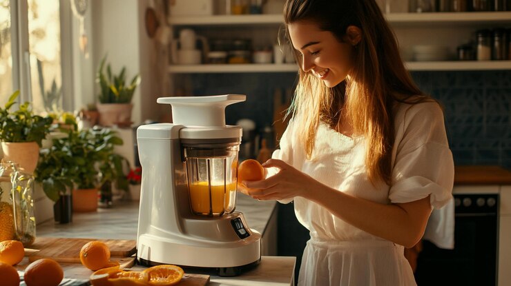 PSD mujer feliz haciendo jugo de naranja en la cocina