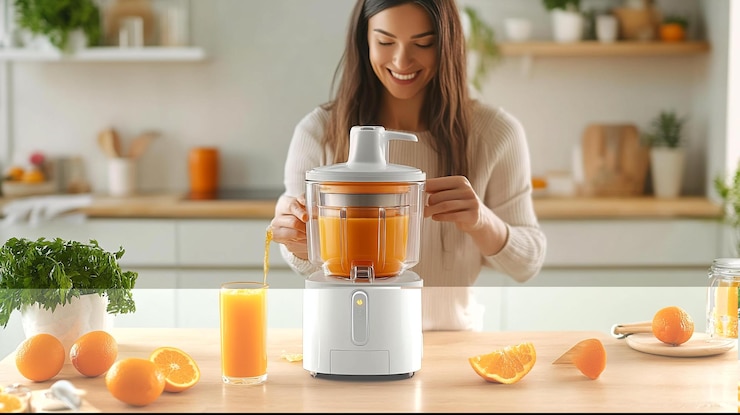 PSD mujer feliz haciendo jugo de naranja con un exprimidor moderno en su cocina brillante