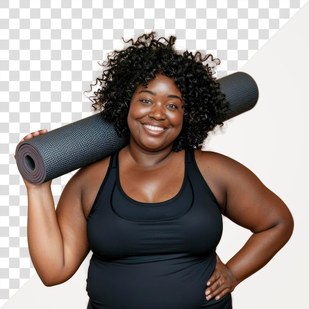 Mujer feliz de Papua Nueva Guinea con una alfombra de yoga