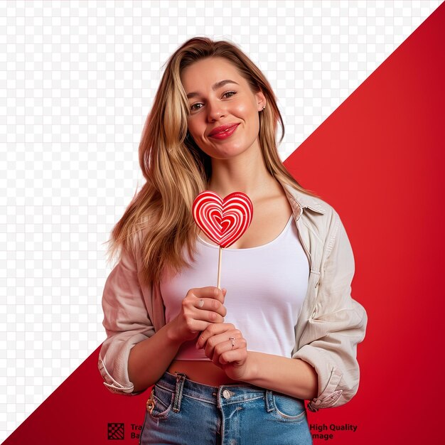 PSD mujer feliz de pie con una paleta en forma de corazón y mirando a la cámara aislada en rojo