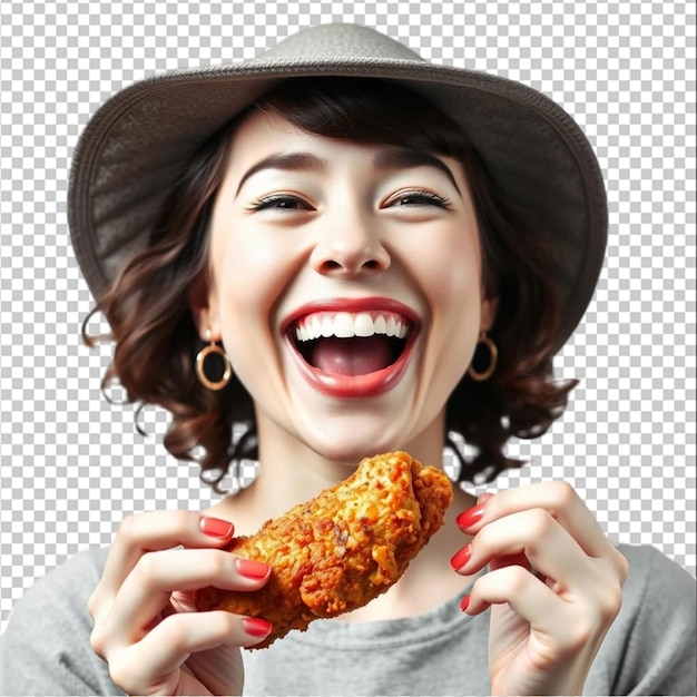 Mujer feliz riendo mientras sostiene pollo frito aislado en el blanco