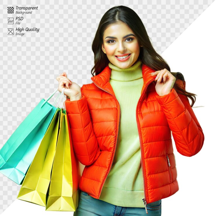 PSD mujer feliz sosteniendo bolsas de compras en un fondo transparente
