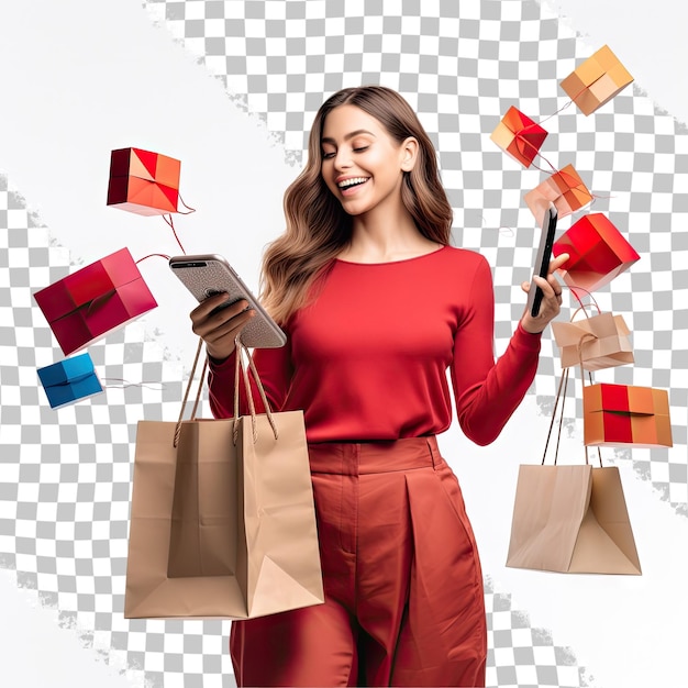 PSD mujer feliz con un teléfono inteligente caminando y sosteniendo muchas bolsas de compras en línea concepto de compras aislado