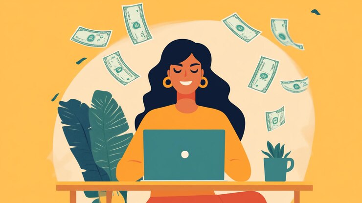 PSD mujer feliz trabajando en una computadora portátil con dinero lloviendo