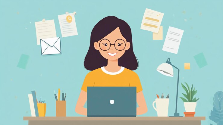 PSD mujer feliz trabajando en una computadora portátil en un escritorio rodeada de documentos y papelería