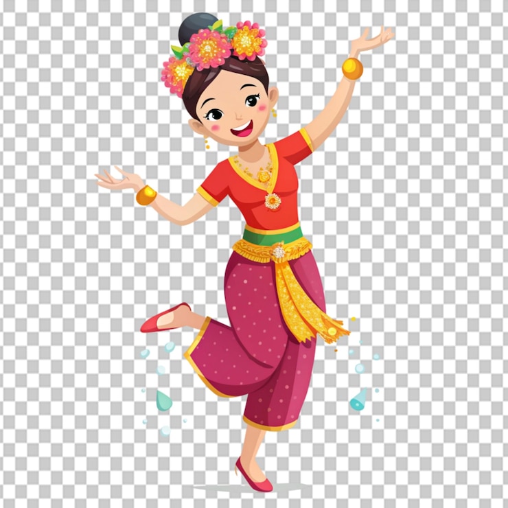 PSD mujer feliz en el tradicional agua songkran tailandesa en un fondo transparente