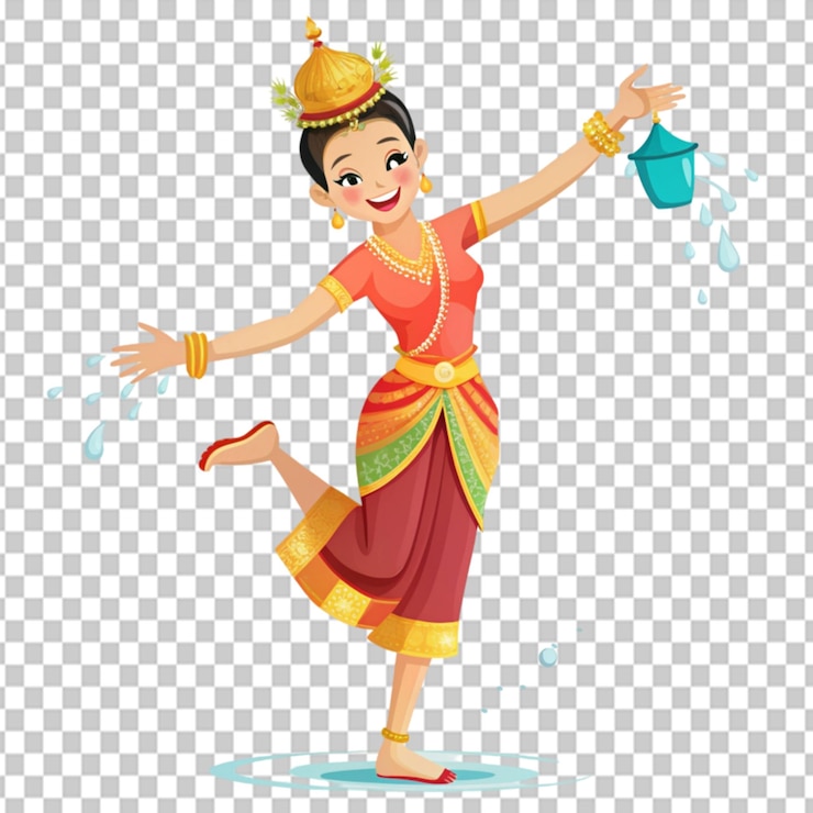 PSD mujer feliz en el tradicional agua songkran tailandesa en un fondo transparente