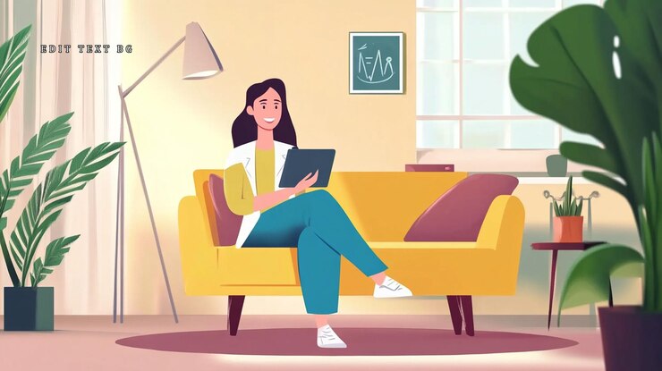 PSD mujer feliz usando tableta en el sofá amarillo en la sala de estar