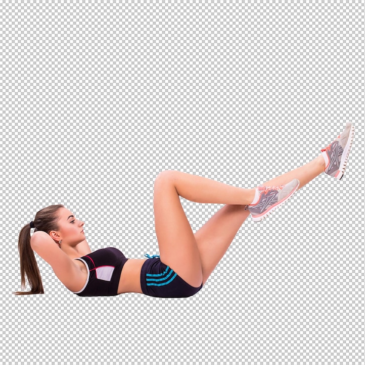 PSD mujer de fitness haciendo ejercicios de estiramiento tomada de longitud completa de una mujer joven aislada sobre un fondo blanco