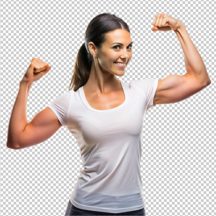 PSD mujer de fitness mujer en camiseta blanca flexionando la bici sobre un fondo transparente