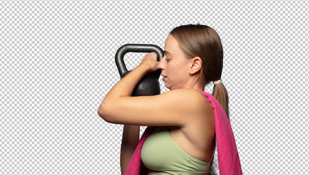 Una mujer de fitness muy bonita levantando una pesadilla.