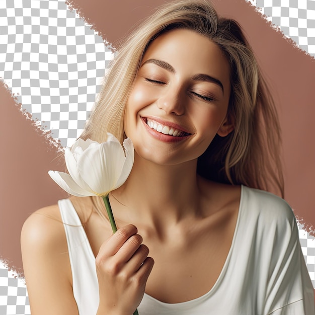 PSD una mujer con una flor en la boca sonriendo con una flor blanca en el fondo.