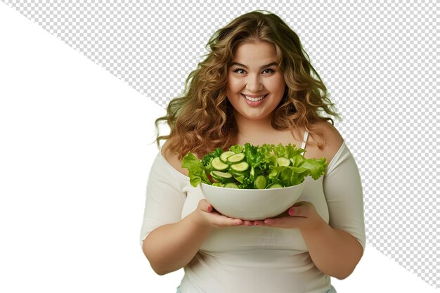 PSD mujer en forma con ensalada estilo de vida saludable png cuenco de ensalada en la mano mujer en estado de fitness con ensalada