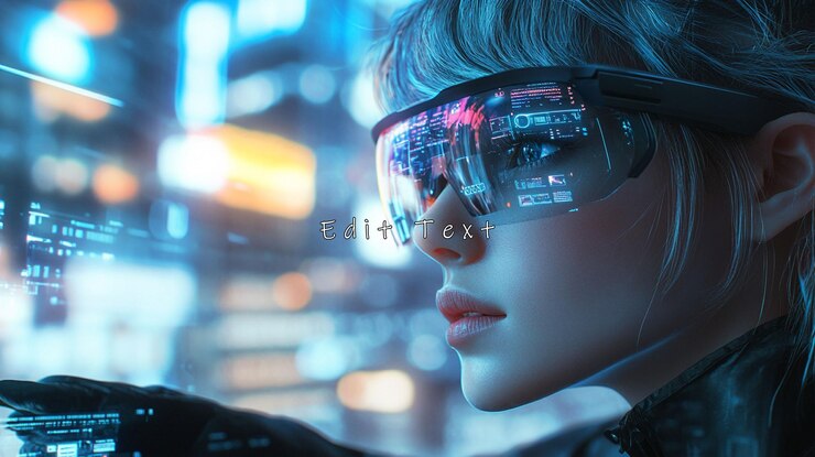 PSD mujer futurista usando gafas ar interactuando con una interfaz holográfica en la ciudad cyberpunk