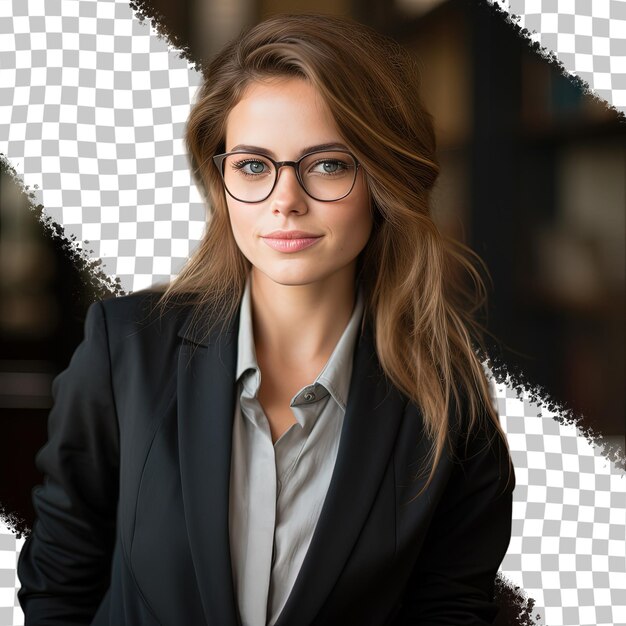 PSD una mujer con gafas y una chaqueta de pie frente a un fondo a cuadros.