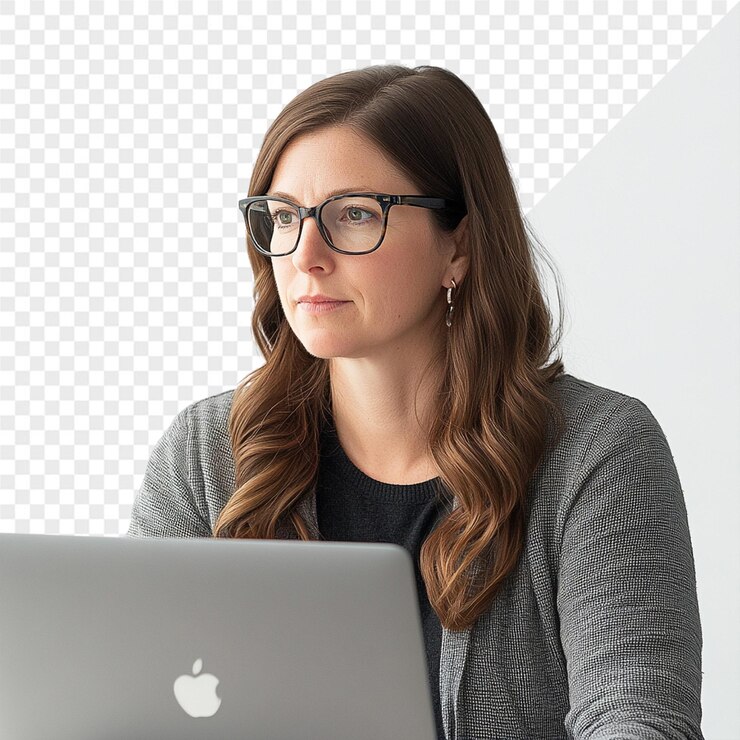 PSD una mujer con gafas está usando una computadora portátil