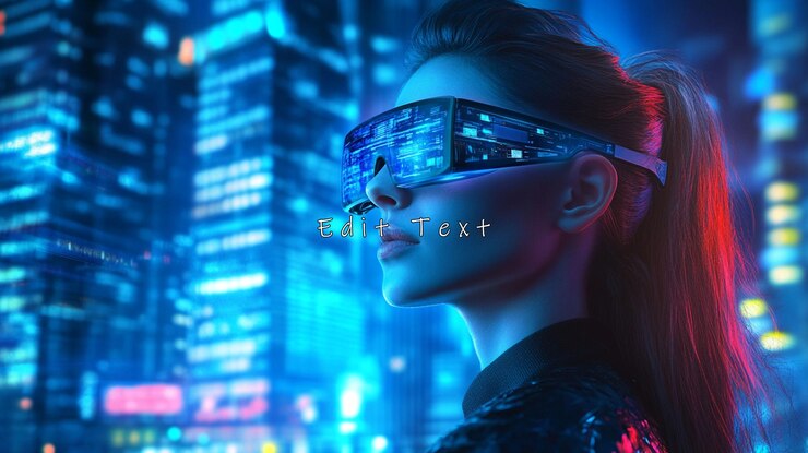 PSD mujer con gafas futuristas en una ciudad ciberpunk