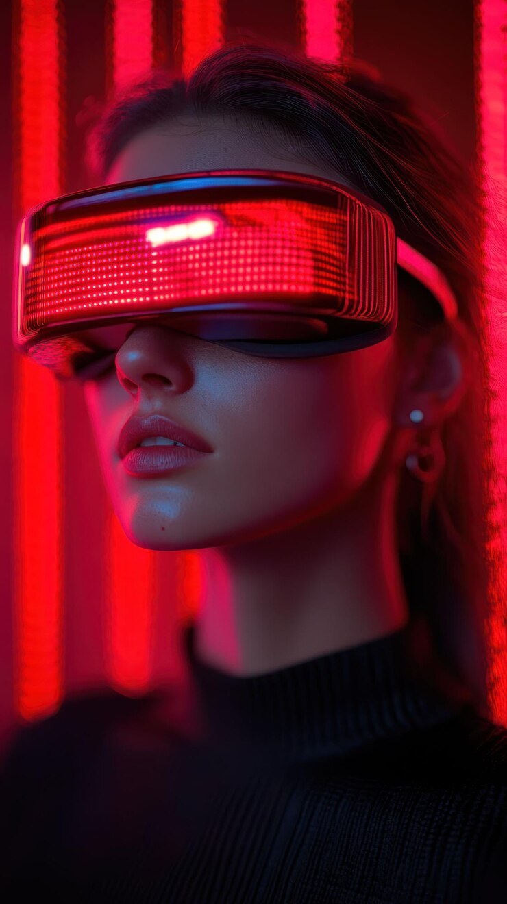 PSD mujer con gafas led rojas futuristas en una habitación con luz roja