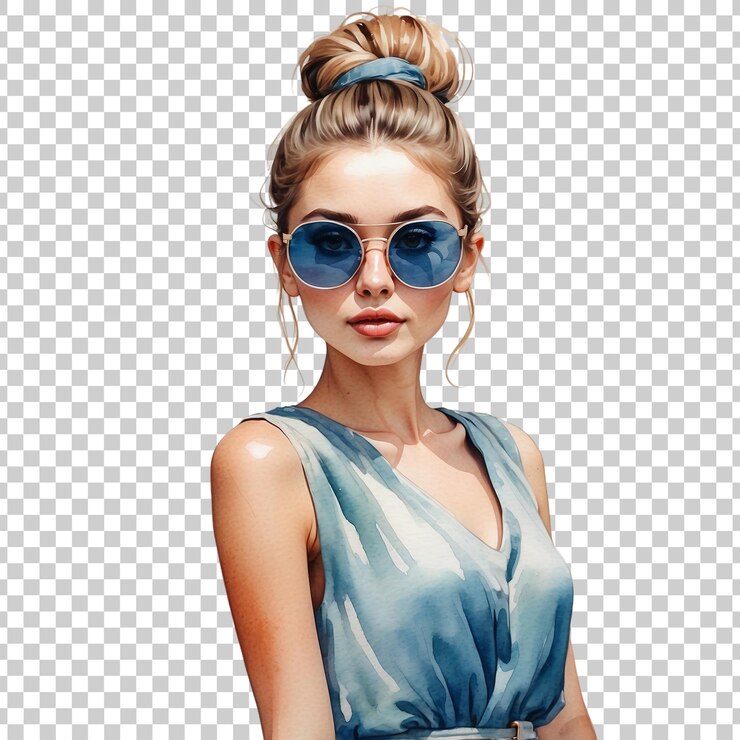PSD una mujer con gafas de sol y una camisa azul está de pie frente a un dibujo de una chica