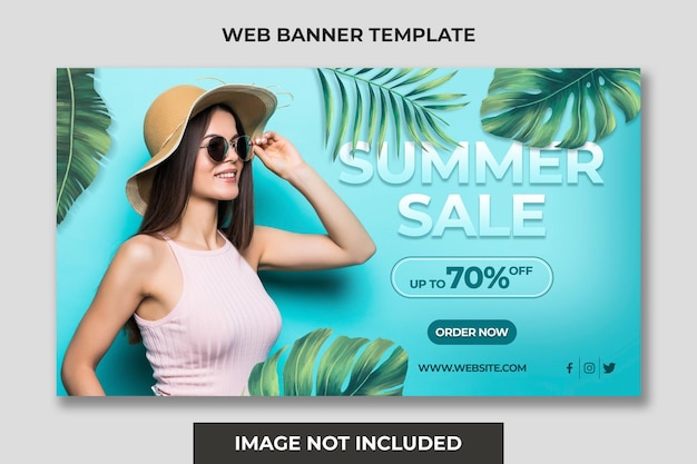 PSD una mujer con gafas de sol y un sombrero está en una plantilla de banner web.