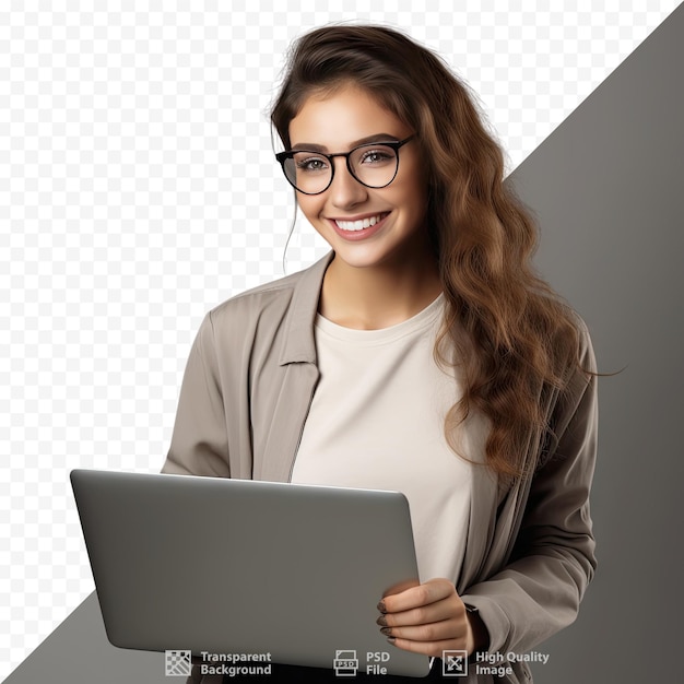 PSD una mujer con gafas sostiene una computadora portátil con las palabras 