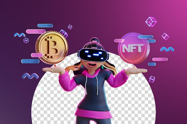 Mujer con gafas VR extendiendo sus manos para la representación 3d de monedas ETH y NFT