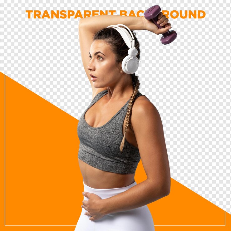 Mujer en el gimnasio levantando pesas con fondo transparente