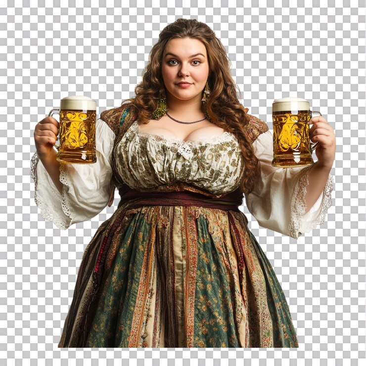 PSD mujer gorda con vestido tradicional de fiesta sosteniendo copas de cerveza contra un fondo transparente
