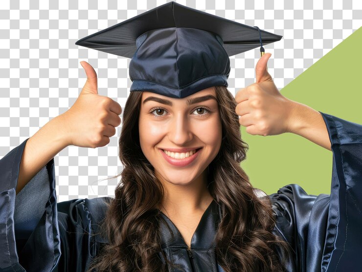 PSD una mujer con una gorra de graduación da un pulgar hacia arriba png sobre un fondo transparente