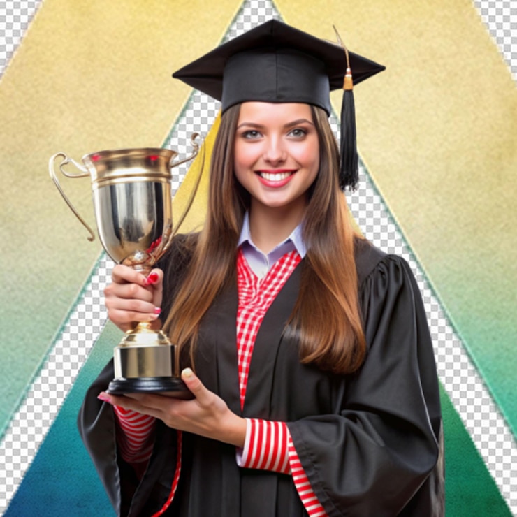PSD una mujer con una gorra de graduación y un vestido está sonriendo en un fondo transparente