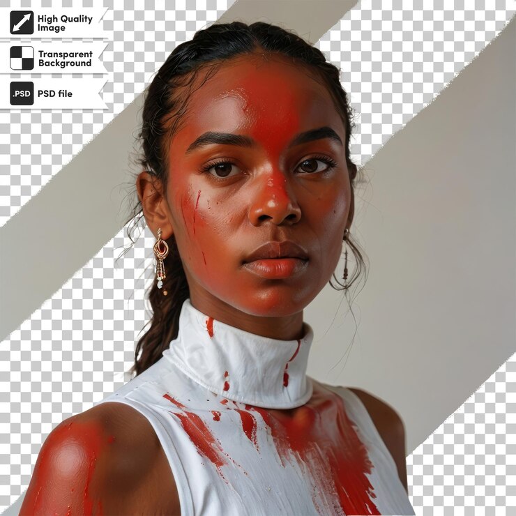 PSD una mujer con una gota de sangre en su cara se muestra en una foto