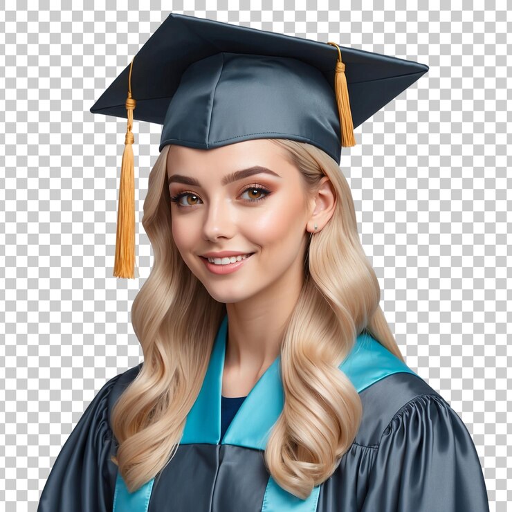 PSD una mujer graduada con una gorra azul y una borla de oro