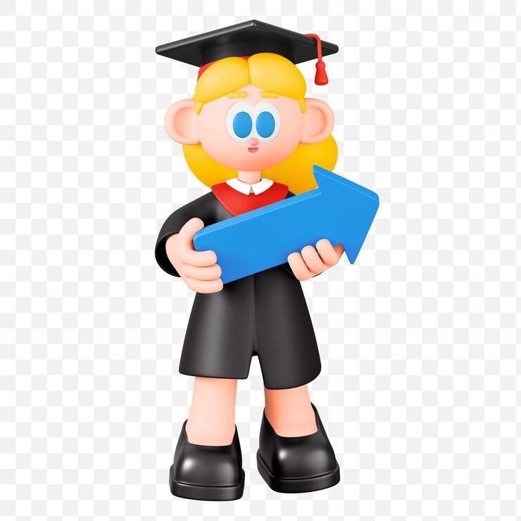 PSD mujer graduada sosteniendo la flecha hacia arriba del logro cartoon girl student character ilustración 3d