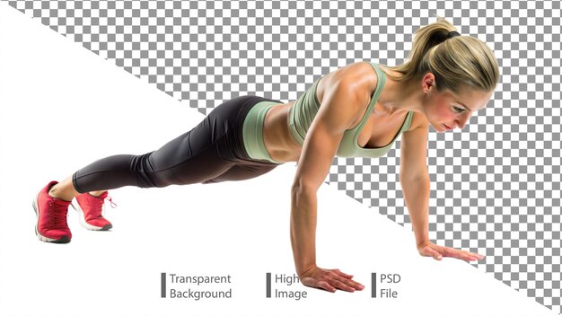 Mujer haciendo ejercicios de push-up en un fondo transparente