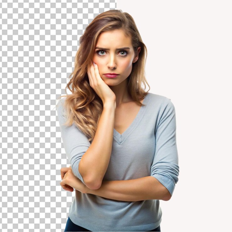 PSD mujer hermosa aburrida sobre un fondo transparente