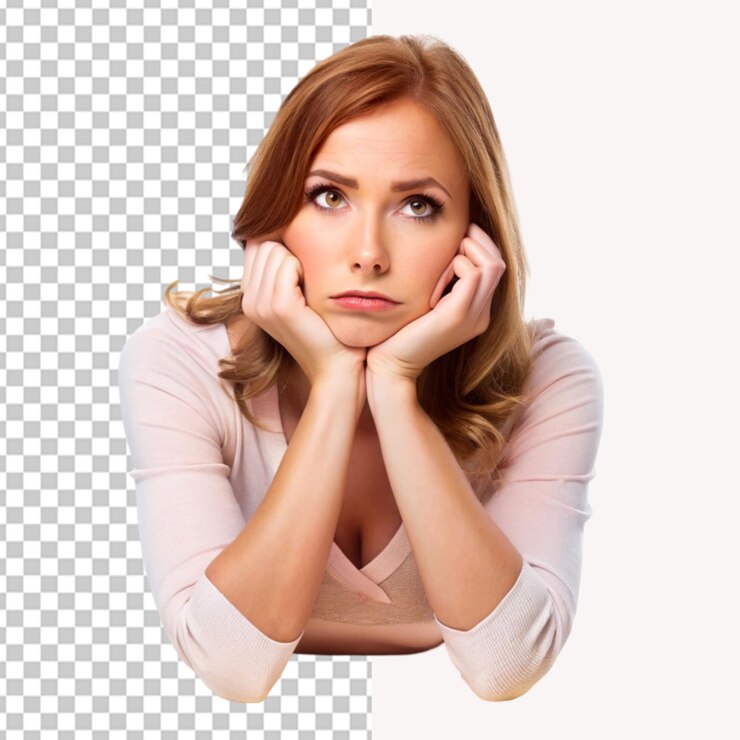 PSD mujer hermosa aburrida sobre un fondo transparente