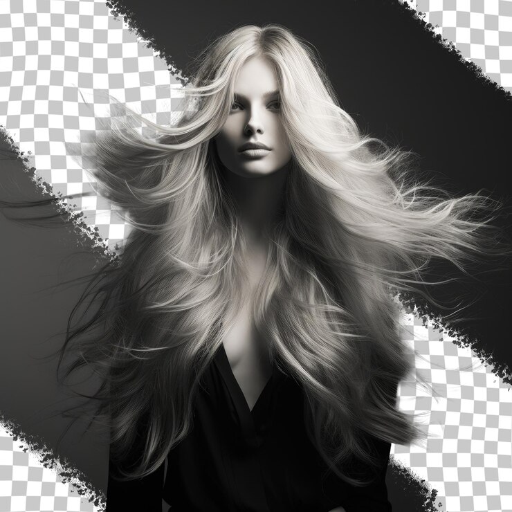PSD mujer hermosa con cabello rubio y peinado elegante fotografiada en un fondo transparente monocromático