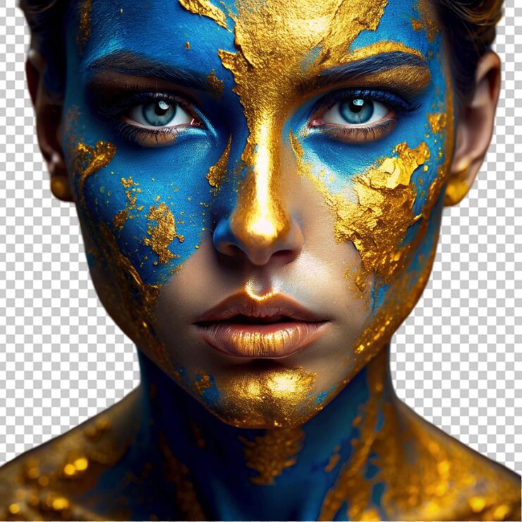 PSD una mujer hermosa con maquillaje creativo y pintura dorada