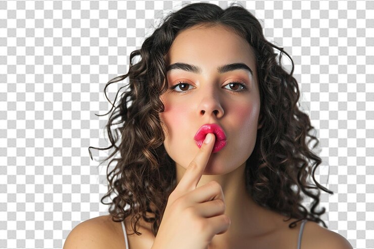 PSD mujer hermosa mostrando el dedo sobre los labios aislados en un fondo blanco