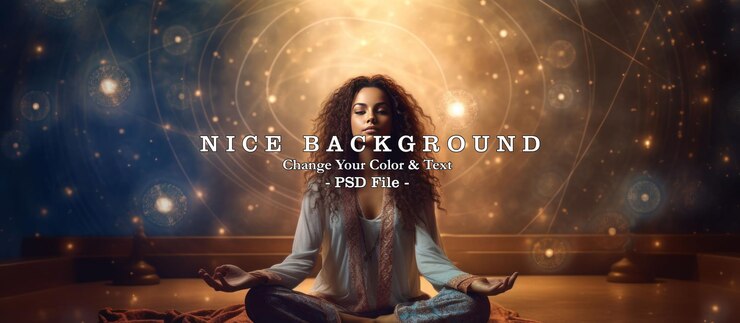 PSD mujer hermosa sentada meditando en postura de yoga en el fondo espacial de la astrología imagen generada por la ia