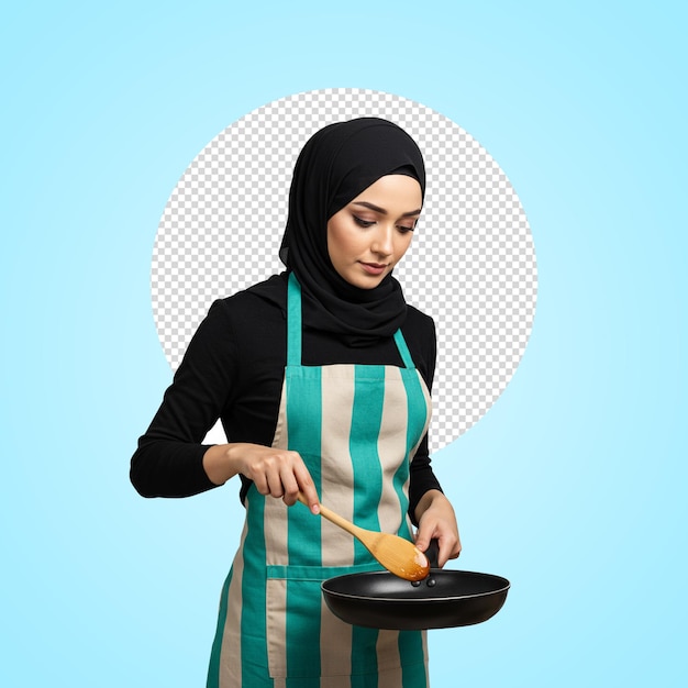 Mujer con hijab negro y delantal negro cocinando Mujer con cuchara de madera sobre una sartén negra blanca