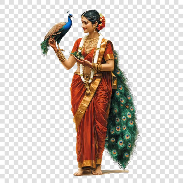 mujer hindú de pie con un sari sosteniendo un pavo real en su mano