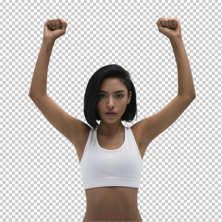 PSD mujer hispana joven con cabello negro corto en el estudio mostrando un gesto de fuerza con el símbolo de los brazos