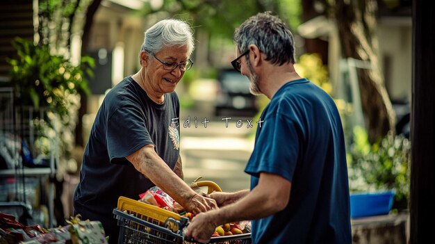 Mujer y hombre de edad avanzada compartiendo comestibles al aire libre