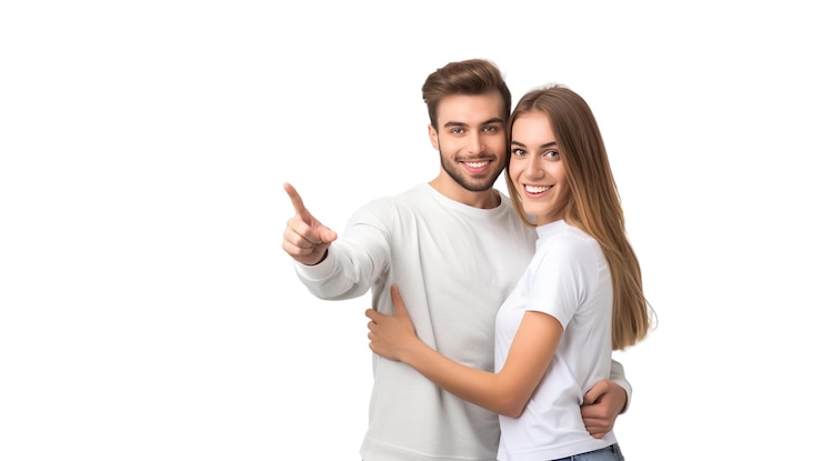 PSD mujer y hombre sonriendo y señalando el espacio de copia en el ladopng fondo transparente clipart