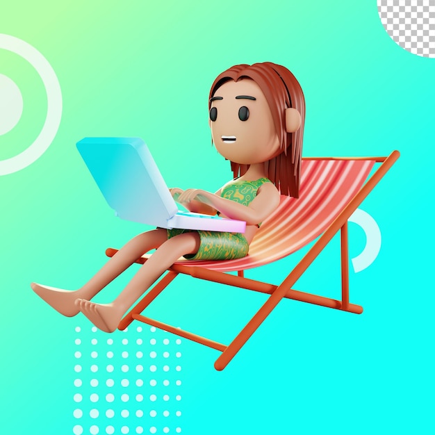 Mujer de ilustración 3d trabajando usando una computadora portátil en la playa