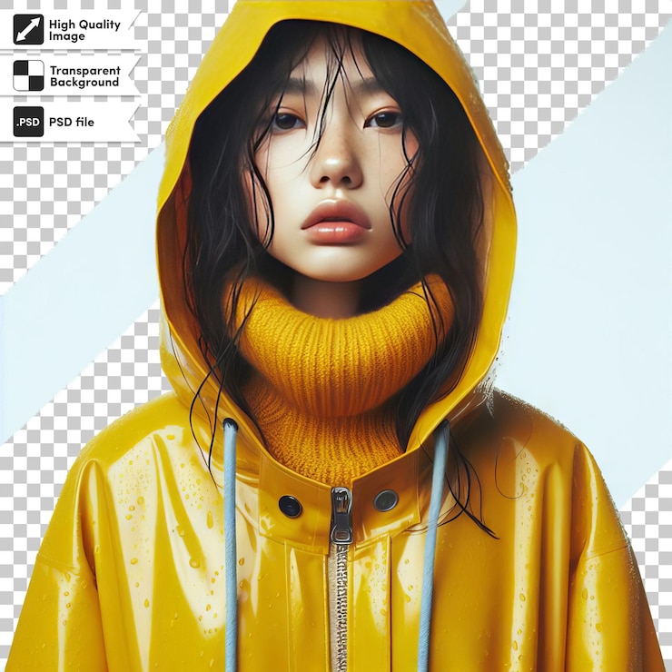 PSD una mujer con un impermeable amarillo con una capucha que dice "está usando un impermeables amarillo"