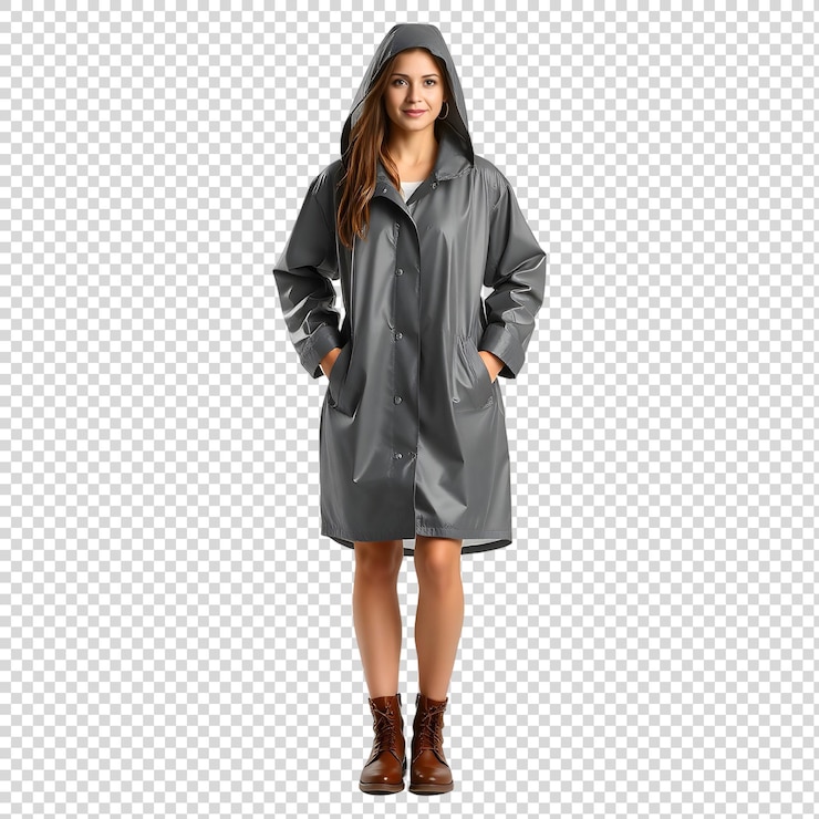 PSD una mujer con un impermeable de pie frente a un fondo de cuadrícula