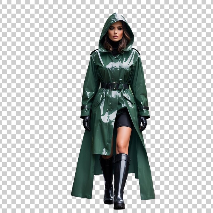 PSD una mujer con un impermeable verde está de pie frente a una cuadrícula con un cinturón de cuero negro
